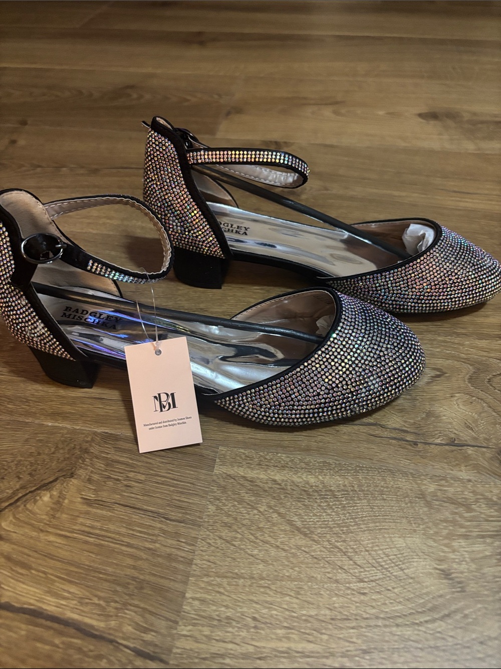Badgley Mischka Iridescent Crystal Flats with Black Trim and Ankle Strap - Picture 3 of 8